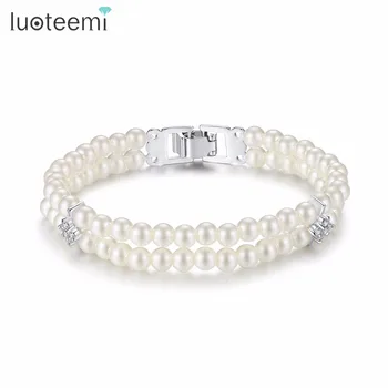 

LUOTEEMI White Gold Color Double Row Created Pearls CZ Bracelet Bangles For Women Wedding Jewelry Bridesmaids Bridal Collection