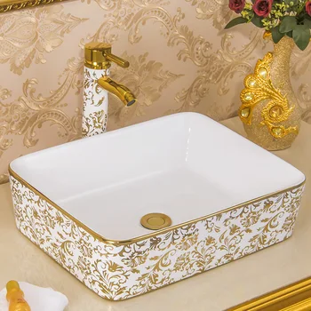 

Europe Style Handmade rectangular Shape Countertop Ceramic wash basin Bathroom Basin Bathroom Sink gold pattern
