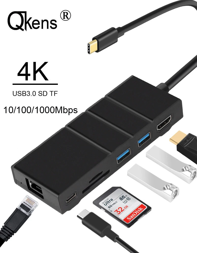 

7in1 USB-C Type C to HDMI 4K HDTV Gigabit Ethernet Lan Wired Cable Adapter 2 USB 3.0 SD MicroSD TF Card reader for Macbook etc.