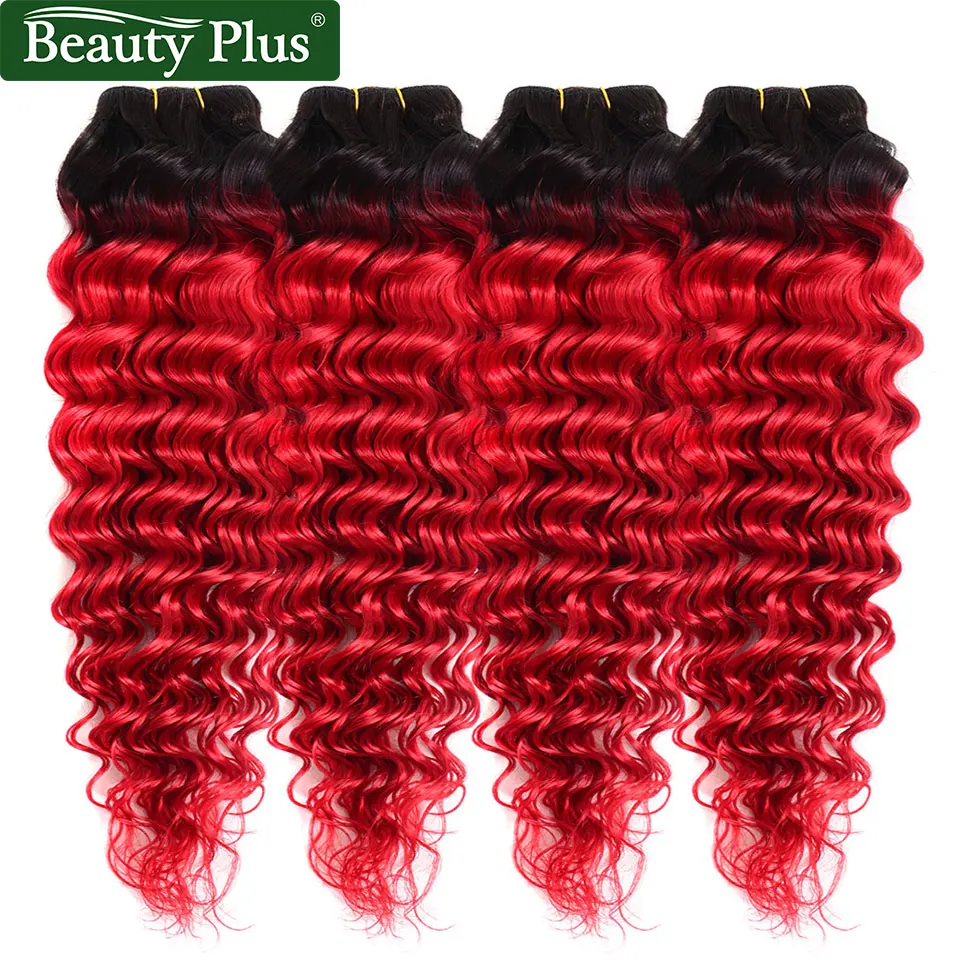 

Red Colored Human Hair Bundles 4 Pieces Full Head Beauty Plus Non Remy Soft 1B Dark Roots Ombre Brazilian Deep Wave Hair Bundles