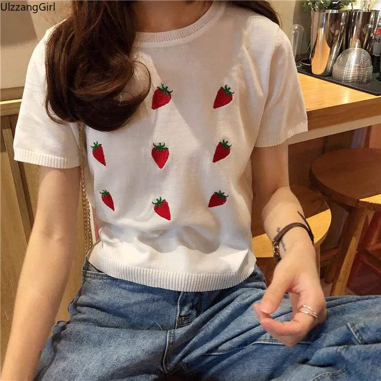 

Strawberry Fruit Embroidery Short Sleeve Thin Fabric Knit Sweater Summer Women Korean Cute Kawaii Lolita Pullover Tee Crop Top