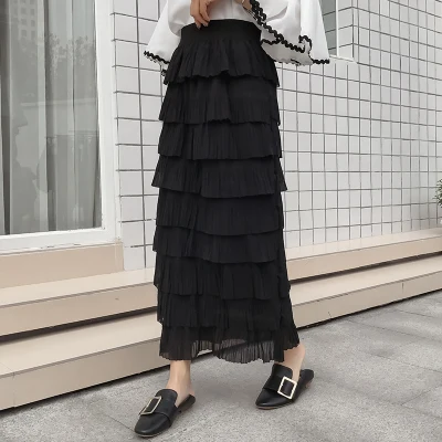 

2018 Spring Summer Women Fairy Boho Skirt New Fashion Mesh Ruffles Long Cake Skirt High Waist Student Sweet Tutu Party Skirt