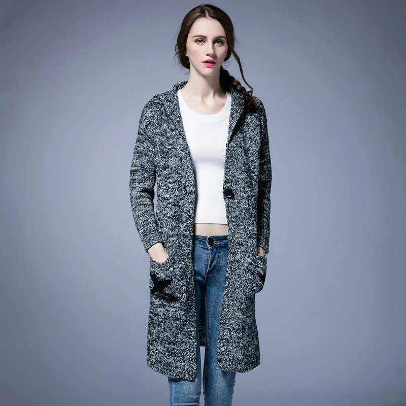2017 Women Cardigan Sweater Coat Plus Size Knitting Loose Long Sing Button Hooded vodolazka 