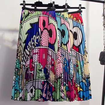 

Cartoon Print Pleated Women Long Skirts High Waist A-Line Elastic Blue Pink Skirt For Ladies 2019 Summer Casual Female Bottoms