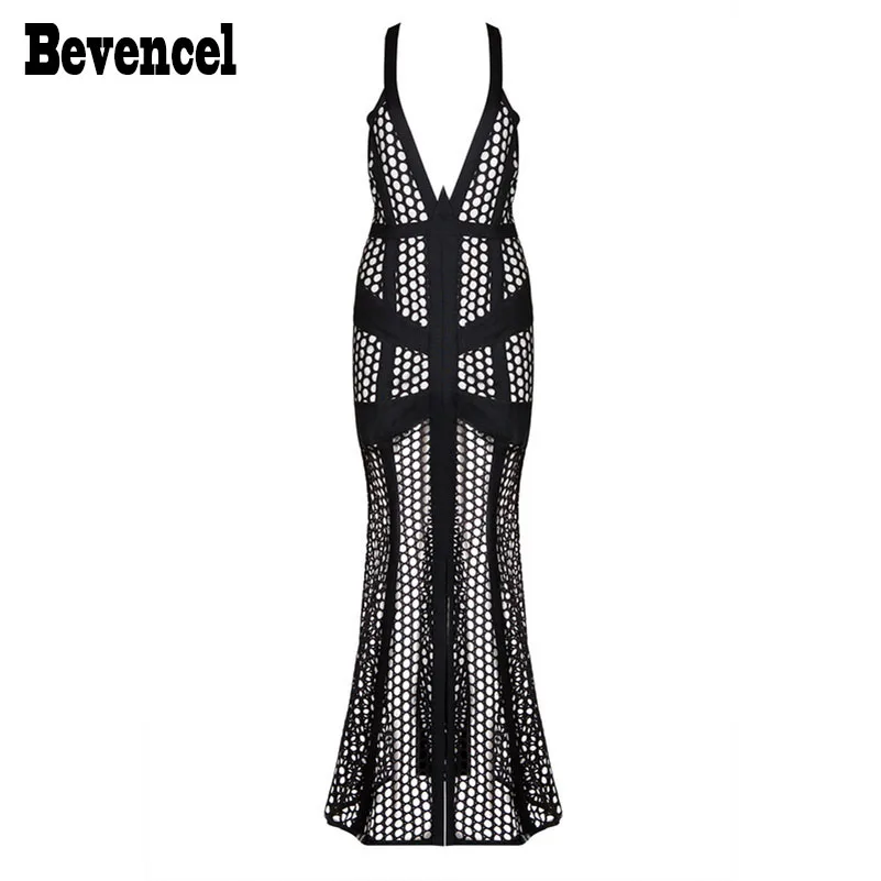 

Bevenccel Wholesale 2019 New Women Sleeveless V Neck Off Shoulder Straps Grid Patchwork Floor Length Bandage Dress Hot