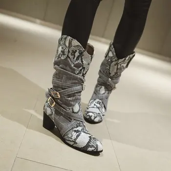 

Sianie Tianie 2020 winter round toe warm short plush woman boots snake print hemp buckle block high heels mid-calf women boots