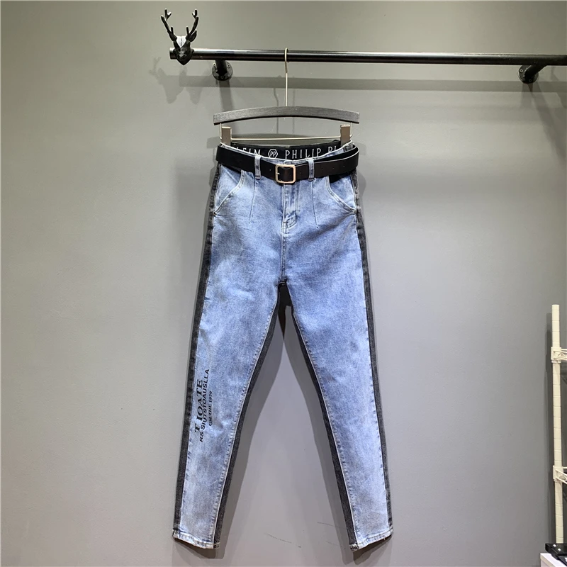 Длинные прямые синие джинсы с высокой талией, женские уличные умягчители, винтажные потертые свободные джинсы с буквенным принтом и карманами