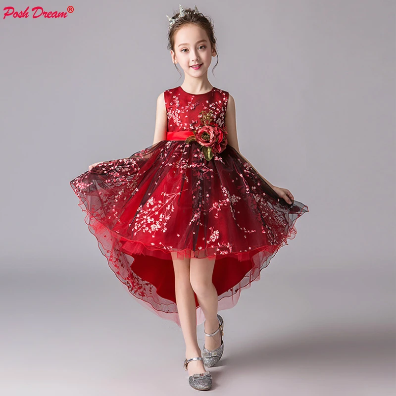 

POSH DREAM 2019 New Children Embroidery Flower Dress Red and Pink Flower Princess Kids Girls Wedding Dresses Bohemian Clothes