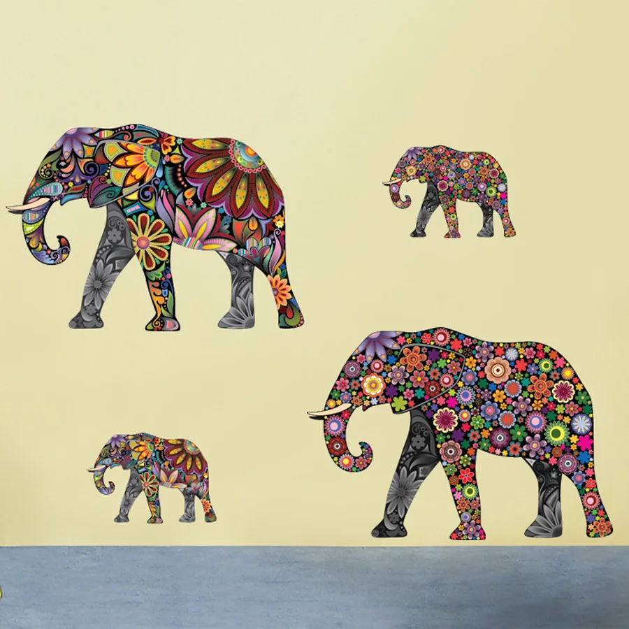 Красочные Слон цветочный узор ПВХ стикер на стену съемный Ретро Декаль домашний декор этнический уникальный стиль обои для спальни
