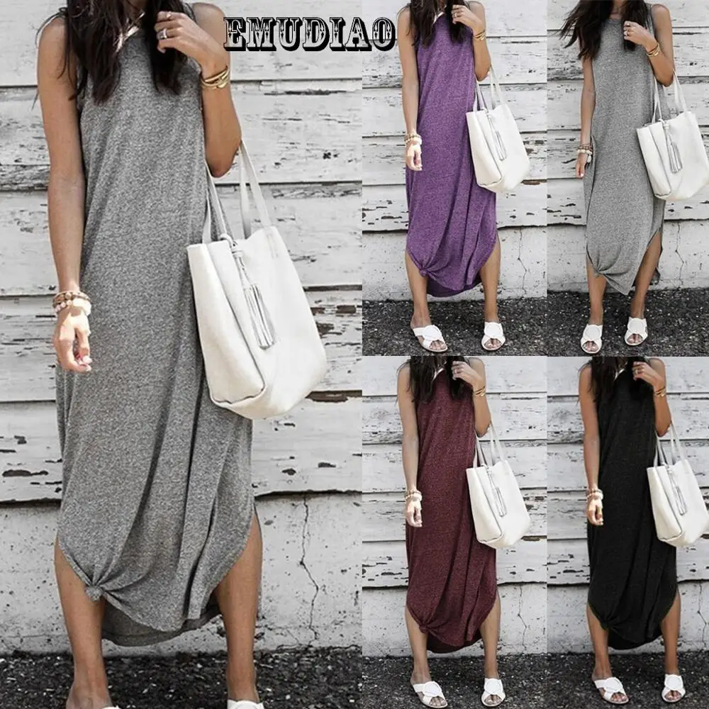

PLUS SIZE S-5XL Spring & Autumn Fashion Women Long Dress Casual Sleeveless Side Slit Cotton Dresses