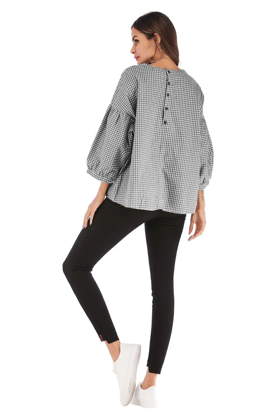 Gladiolus New 2019 Spring Plaid Shirt Women Puff Sleeve O Neck Button Loose Blouse Women Shirts Summer Casual Ladies Shirt Tops (19)