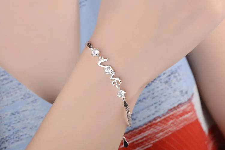 Милый простой дизайн "любовь" 925 пробы Серебряный CZ Кристалл Браслеты и браслеты для женщин обручение модные ювелирные изделия подарок