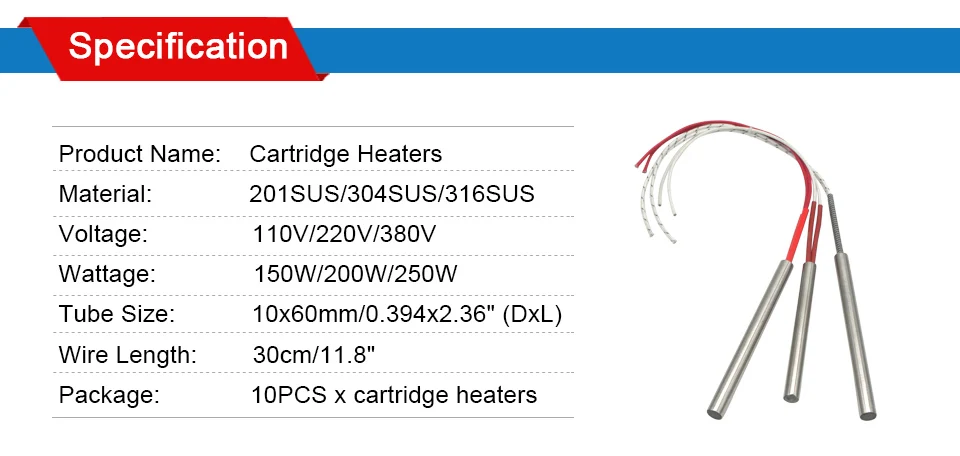 LJXH электрические нагревательные сопротивления Картридж Нагревательный элемент 10x60mm трубки Размер 10 шт/много 150 W/200 W/250 W AC110V/220 V/380 V