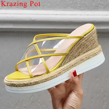 

Krazing Pot cow leather pvc patchwork straw decoration slip on mules wedges platform peep toe women sandals increased shoes L96