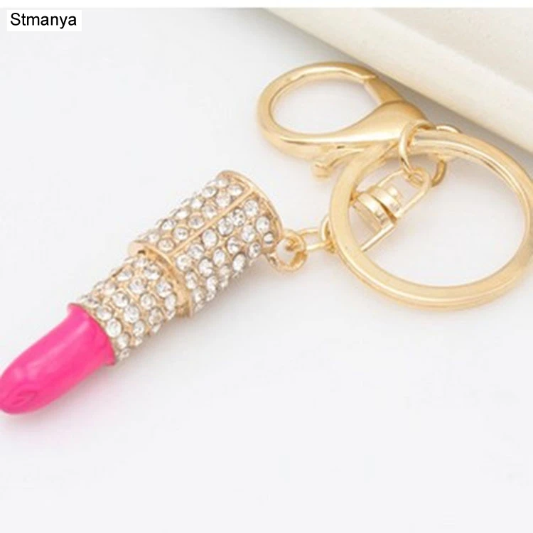 Key Holder Lipstick Rhinestone Crystal Keyring Charm Pink Pendant Car