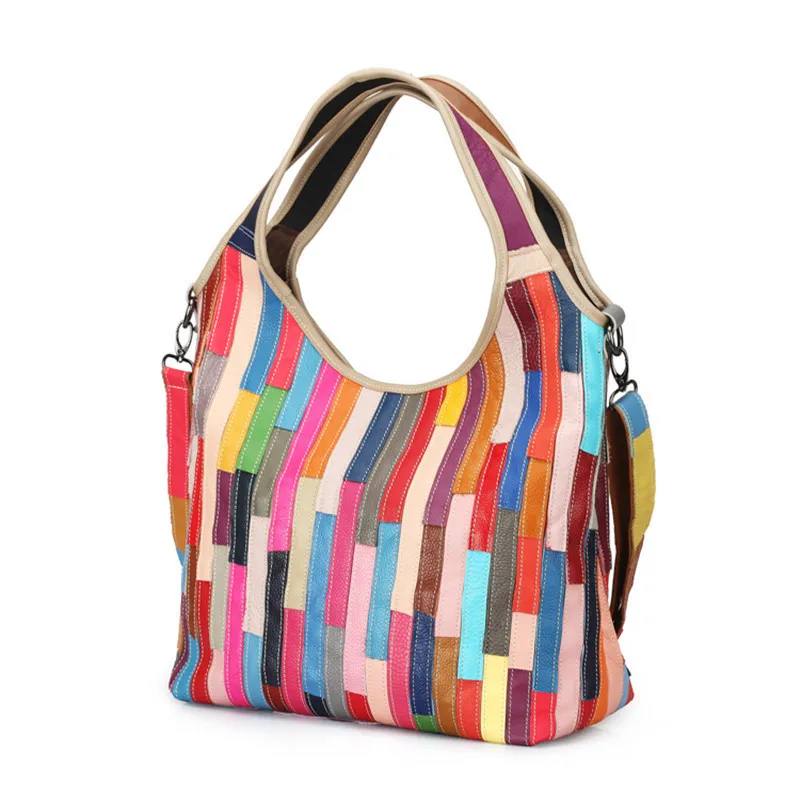 

2018 Genuine Leather Hobo Tote Bags Colorful Patchwork Messenger Bags For Ladies Luxury Designer Women Handbags Sac A Main ZY06