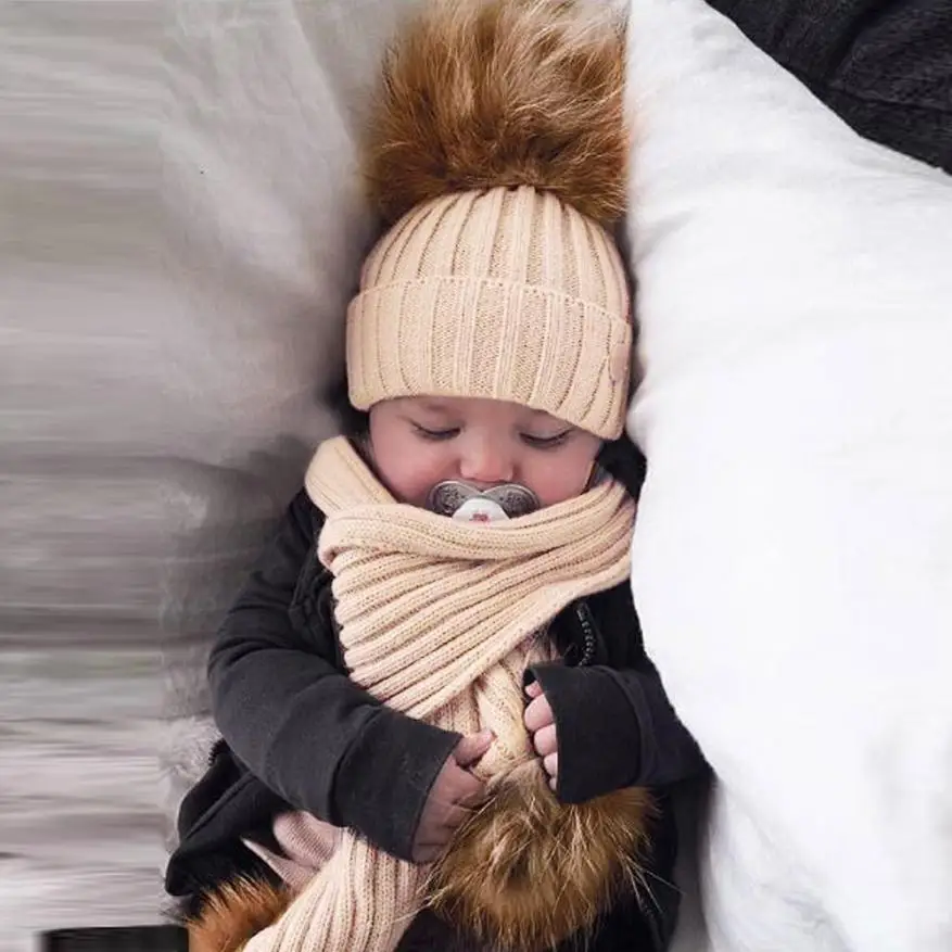 Горячая Распродажа, милый зимний теплый комплект для малышей, детская шапочка+ шарф для новорожденных мальчиков и девочек, шапка с помпоном вязаная Шапочка, зимняя Лыжная шапка