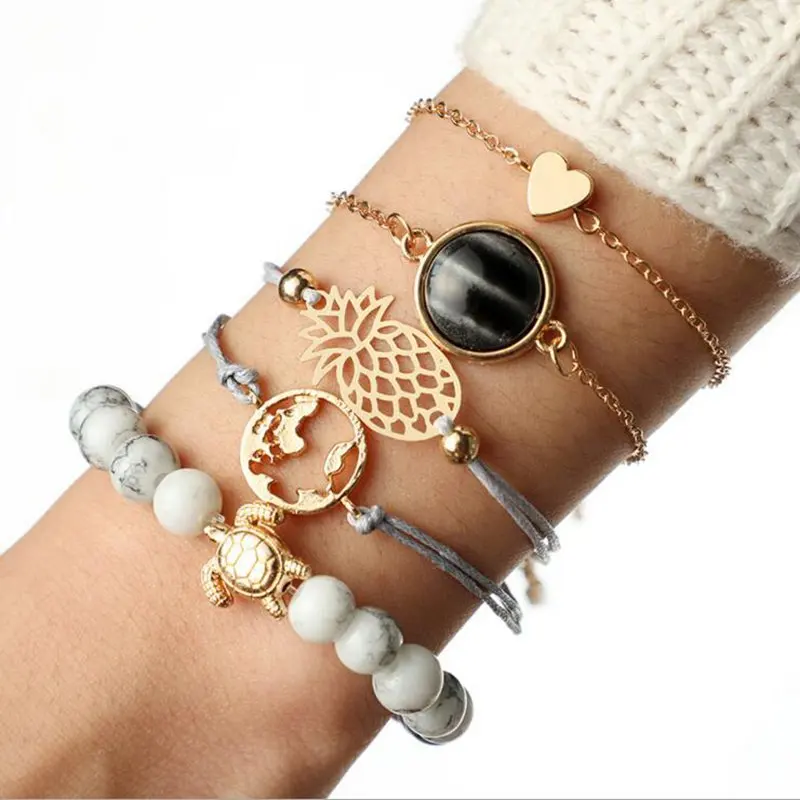 

Shell Map Bracelet Bangles For Women Girls Pineapple Color 5 Pcs/Set Bohemian Beading Bracelets Minimalist Party Jewelry Gift