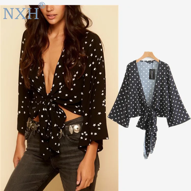 

NXH Women's tops Chiffon shirt Star pattern Sexy club beach blouse ins hot fashion shirt womens clothing Summer Vneck