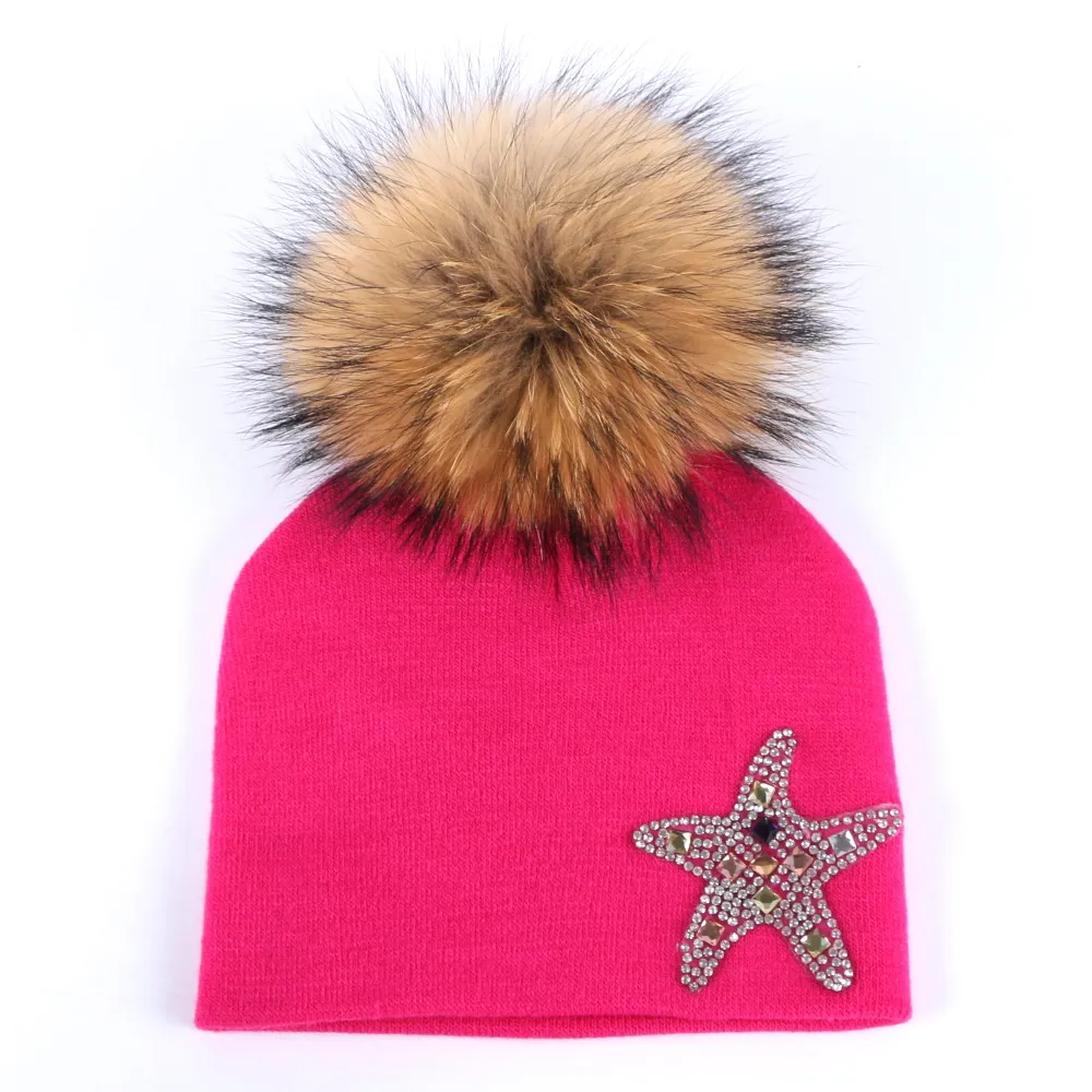 Звезда зимняя шапка прекрасный норки помпоном детей Skullies сплошной цвет со стразами повседневные хлопковые шапочки для мальчиков и девочек Gorro