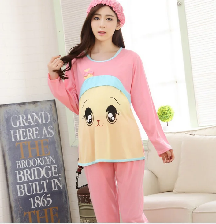 2019 3pcs/set lace hem hat long sleeve nursing tees and full length pants clothing set maternity plus size breastfeeding pajamas