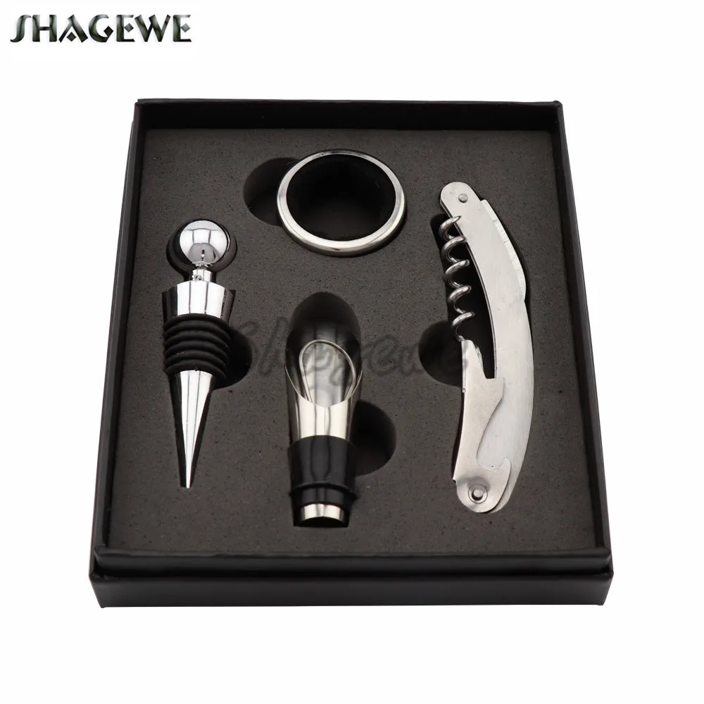 

4pcs/set Red Wine Bottle Opener Corkscrew Tool Set Stainless Steel Wine Pourer Stopper
