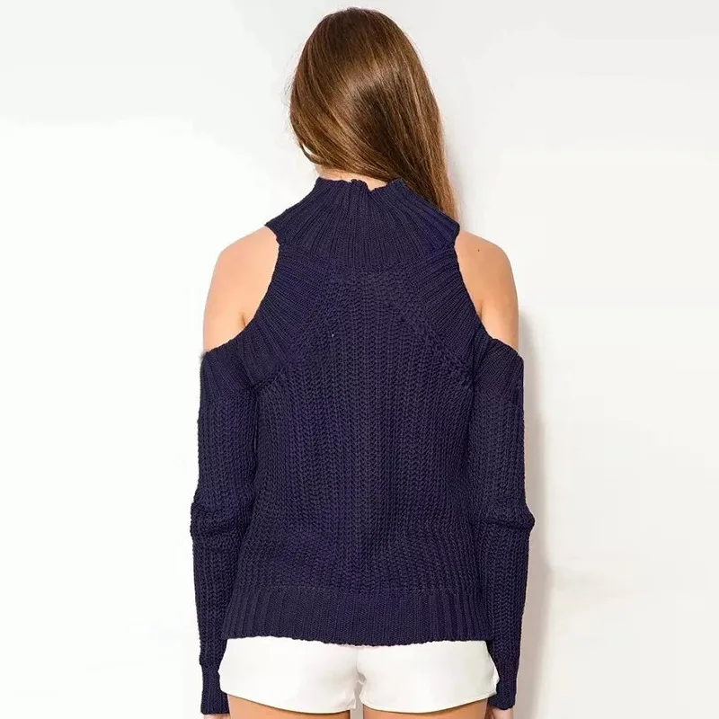 Вязаный свитер с высоким воротом и открытыми плечами, Женский Осенний Модный трикотажный пуловер, джемпер, зимний сексуальный свитер большого размера