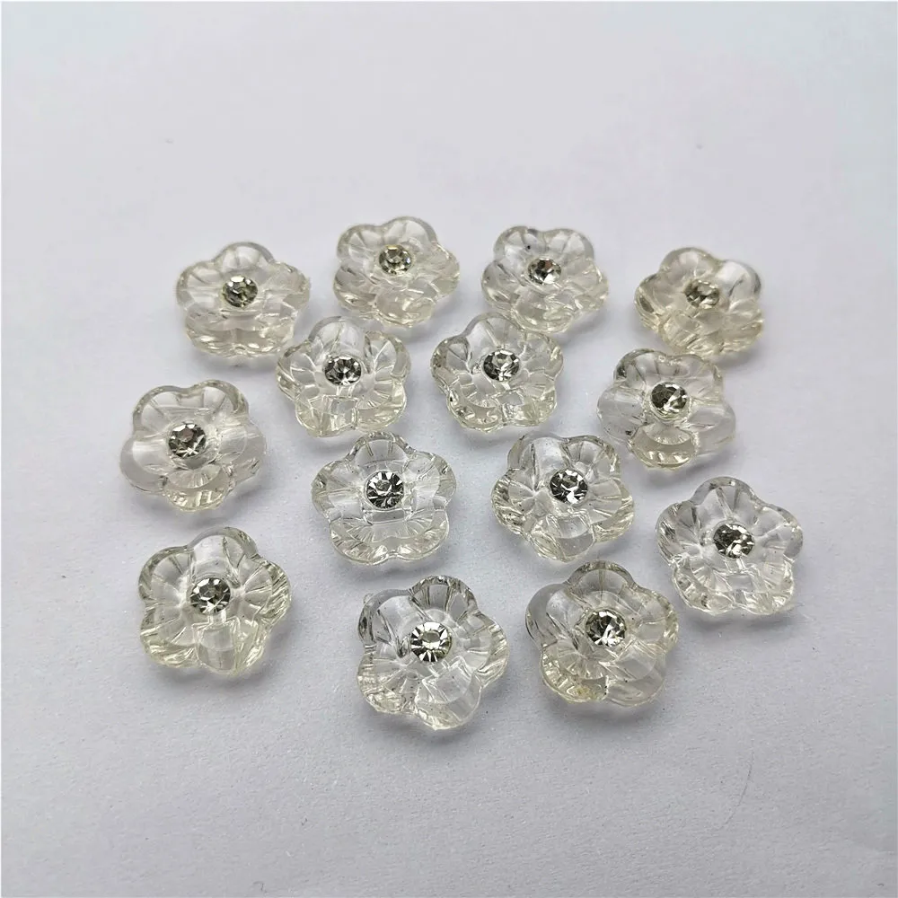 

300pcs 24L(15mm) Transparent Flower Shape Acrylic Buttons With Rhinestone Diamante Centre Baby Fancy Clear Button Shirt Sewing