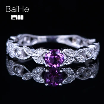 

BAIHE Solid 14K White Gold 0.22CT Round Amethyst Wedding Gift Engagement Ring Women Trendy Fine Jewelry Amethyst Ring