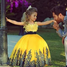 Желтое бальное платье длинное платье для девочек пышные платья Золотое платье с аппликацией для маленьких девочек, недорогое платье с цветочным узором для девочек на свадьбу