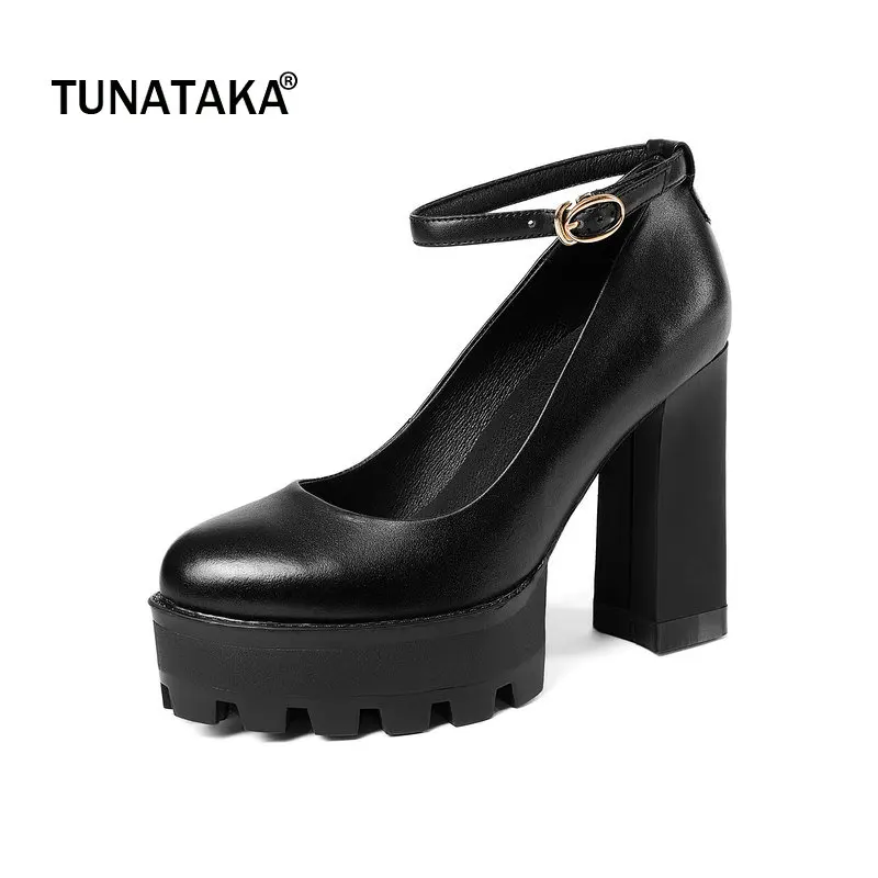 

Genuine Leather Platform Square High Heel Woman Pumps Fashion Buckle Dress High Heel Shoes Woman Black