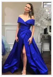 Простой Королевского синего цвета Вечерние платья 2019 высокий разрез Для женщин с плеча вечерние платья большого размера Вечерние платья