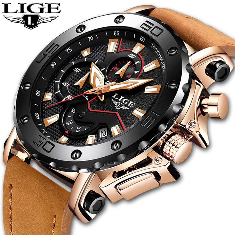 LIGE Mens Watches Top Brand Luxury Quartz Gold Watch Men Casual Leather Military Waterproof Sport W