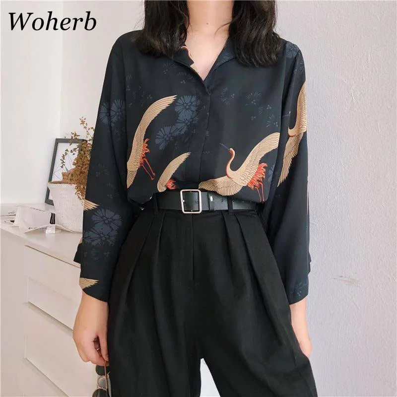 Woherb, винтажные Женские топы и блузки с принтом Журавля, корейские повседневные женские рубашки, летние женские блузки, элегантные 21104