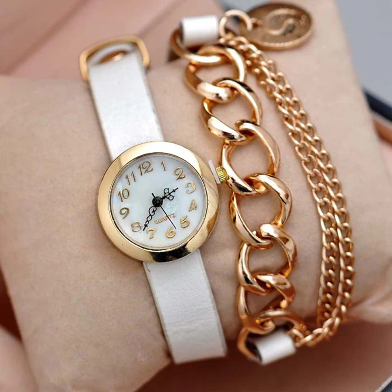 

Luxury Retro Style Ladies Watch Quartz Analog Pointer Wristwatch Pu Leather +Alloy Chain Wrist Strap