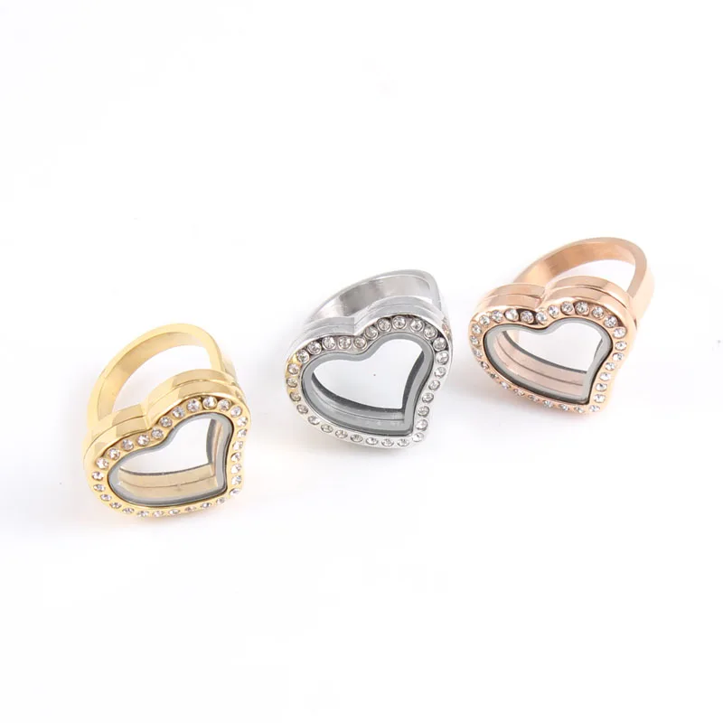 Different size Stainless steel Floating locket ring with Rhinestone for women with 5pcs