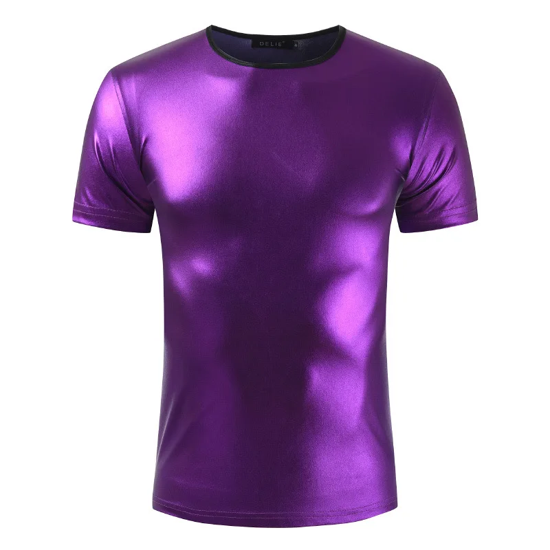 Блестящая фиолетовая металлическая кожаная футболка, Мужская футболка в стиле хип-хоп, панк-рок, Клубная, Мужская футболка, короткий рукав, вырез лодочкой, тонкие топы, футболка - Цвет: Purple