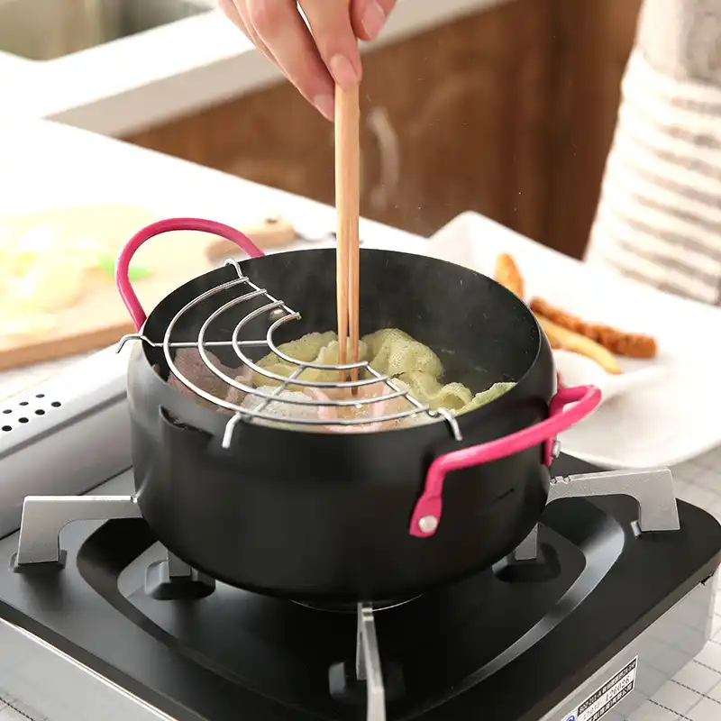 New 18cm Non stick Deep Frying Pan with Oil filter Mesh Rack Gas