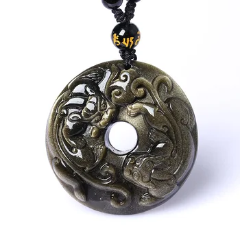 

Natural Black Obsidian Stone Pendant Carved Circle Pixiu Chinese dragon pendant necklace Men Jewelry