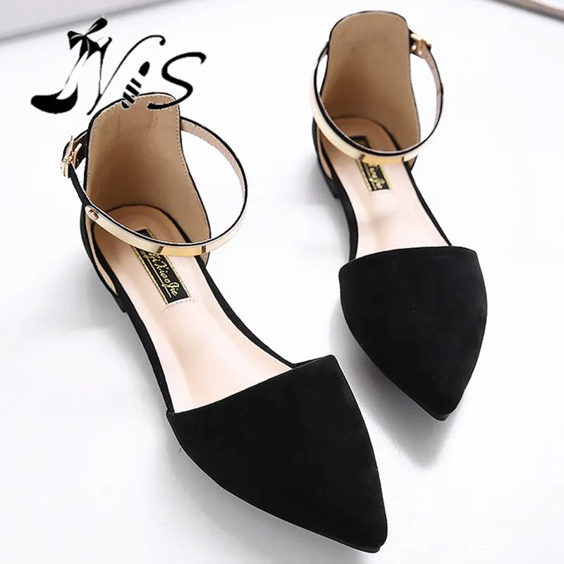 NIS Women s Pointed Toe Moccasins Ballet Flats Pink Black Beige Metal Ankle Strap Flat Shoes