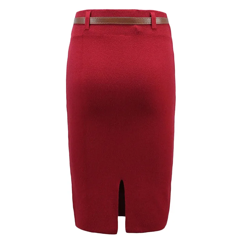

Spring New Women Korean Fashion Skirt High waist Knit skirts Women's High elasticity Slim Package hip Pencil Skirts Red wine F90