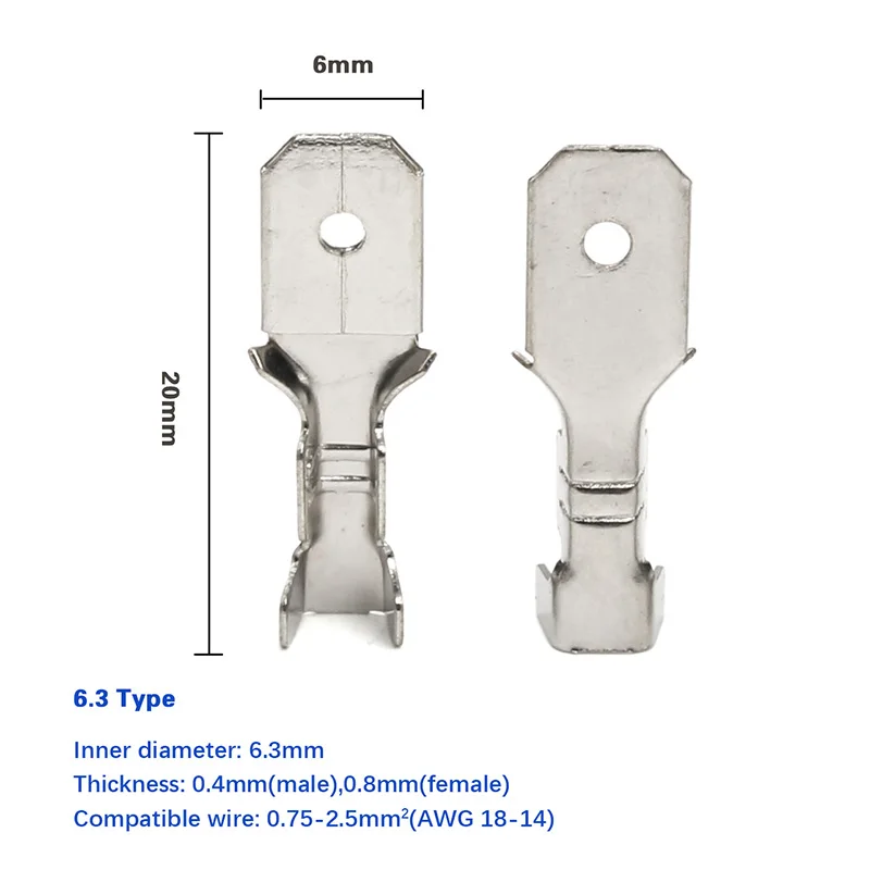 100 шт Серебряный обжимной Лопата клеммы комплект 2,8/4,8/6,3 мм Женский/мужской разъемы с 100 шт изоляционные муфты 22-16 AWG - Цвет: 6.3mm