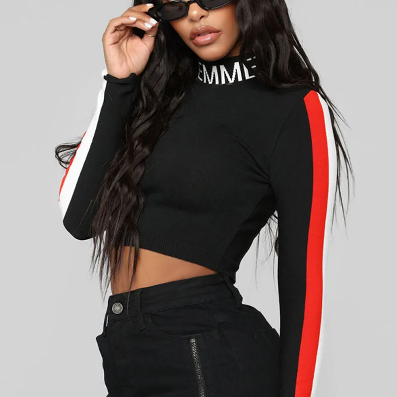 

NORMOV 2019 Fashion Womens Autumn T-shirts Tops Letter Turtleneck Long Sleeve Short Slim Stripe patchwork Solid Color Tops