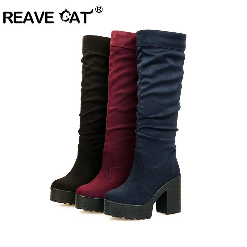 REAVE CAT/осенне-зимние сапоги до бедра на платформе женские сапоги до колена из искусственной кожи на высоком каблуке Женская обувь bottines A933