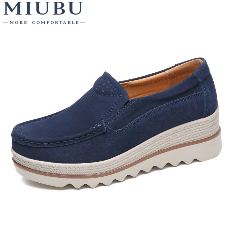 

MIUBU 2019 Autumn Women Flats Shoes Thick Soled Platform Shoes Leather Suede Casual Shoes Slip On Flats Creepers Moccasins