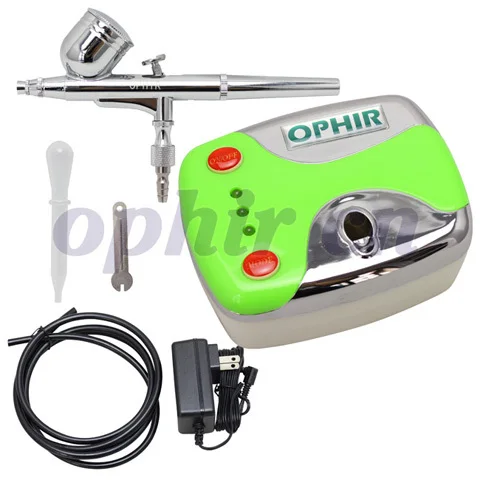 OPHIR 0,3 мм комплект аэрографа двойного действия с мини воздушным компрессором для Временной Татуировки украшения торта дизайн ногтей Air-brush_AC002+ 004A - Цвет: Зеленый