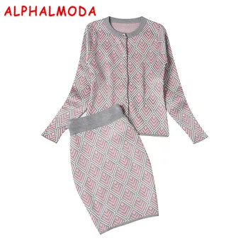 

[ALPHALMODA] OL Elegant Clothing Sets Winter Geometric Pattern Long-sleeve Single Breasted Cardigans Step Skirts Knitting Sets