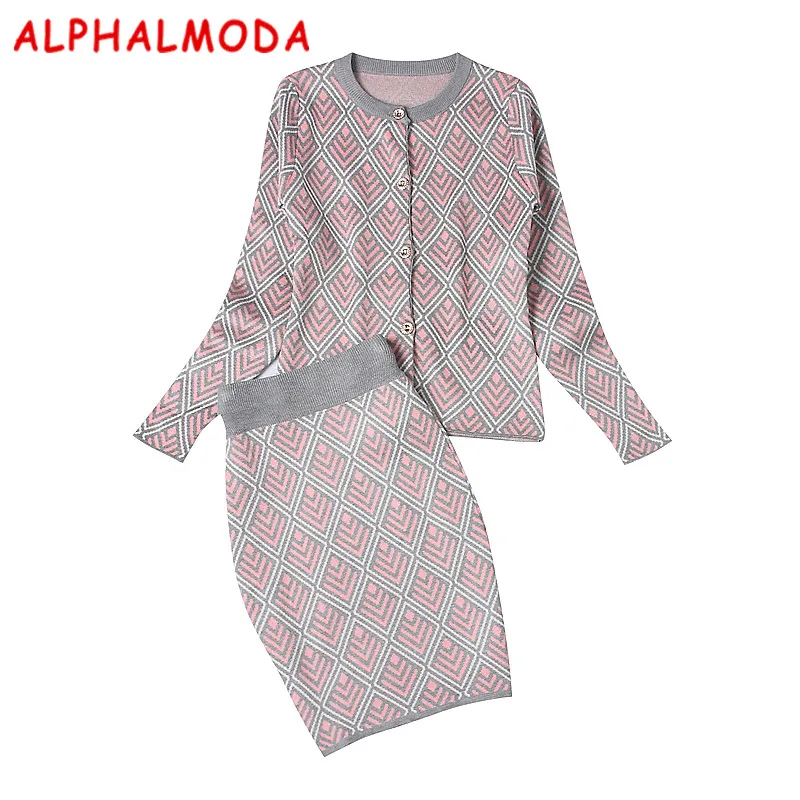 

[ALPHALMODA] OL Elegant Clothing Sets Winter Geometric Pattern Long-sleeve Single Breasted Cardigans Step Skirts Knitting Sets