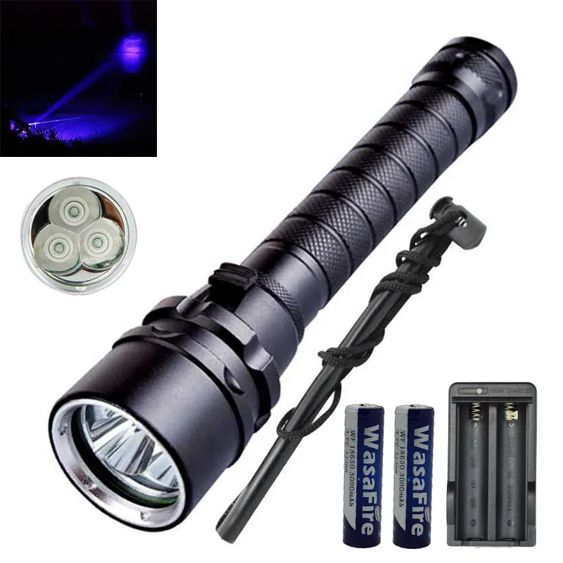 Diving UV Flashlight Ultraviolet Lantern 3x XPE LED Purple Light 100m