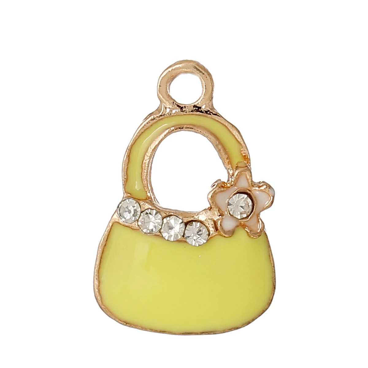 DoreenBeads Charm Pendants Handbag Gold Plated Flower Clear Rhinestone Yellow Enamel 20mm(6/8&quot)x 13mm(4/8&quot) 5 PCs 2015 new |